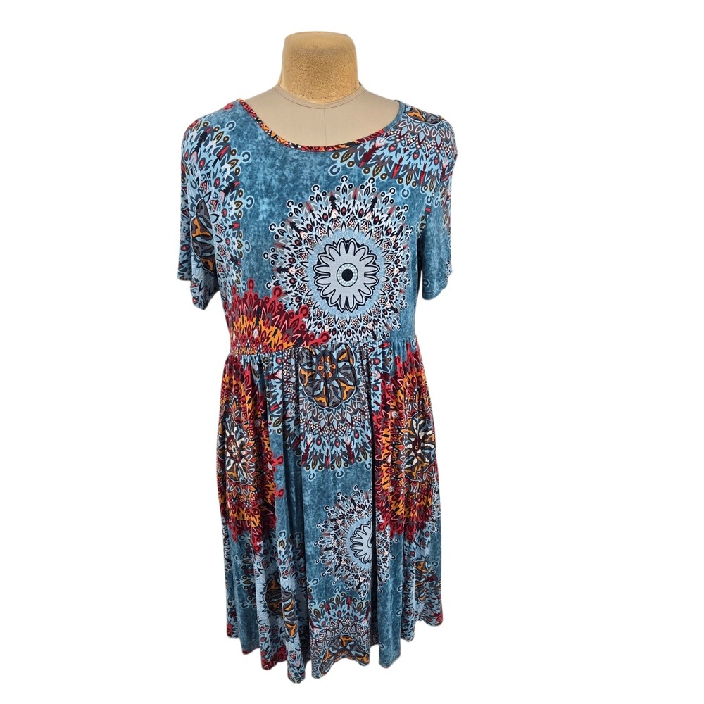 DB Moon Dress Women 2XL Blue Mandala Stretch Short Sleeve Casual Summer Midi